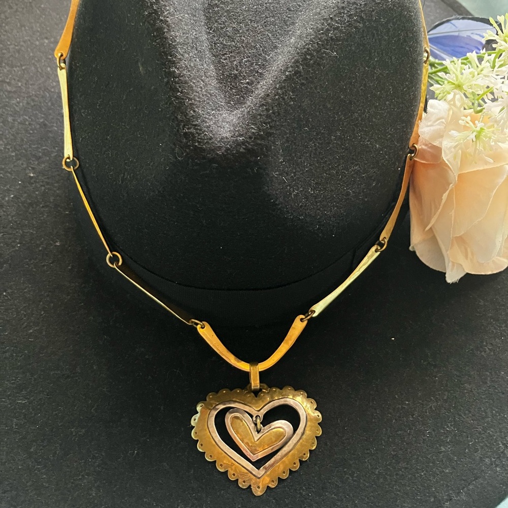 RARE Retired JC Jeep Collins Sterling Sliver & Brass Dangle Heart Necklace
